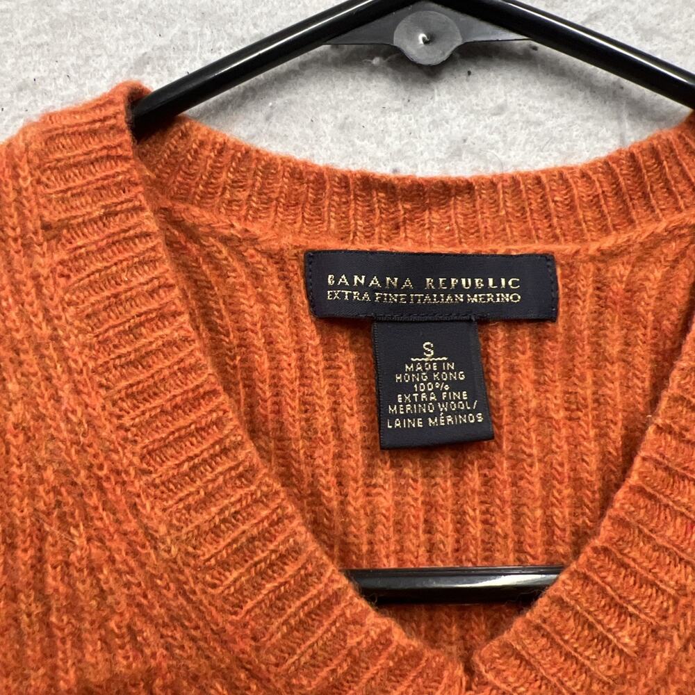 Vintage Banana Republic Italian Merino‎ Wool Sweater Orange V Neck Women S 2005 - Picture 2 of 7